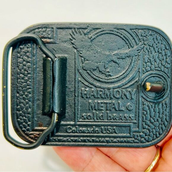 Vintage 70s/80s Harmony Metals Wooden Inlay and Solid Brass Western Belt Buckle - Picture 4 of 8